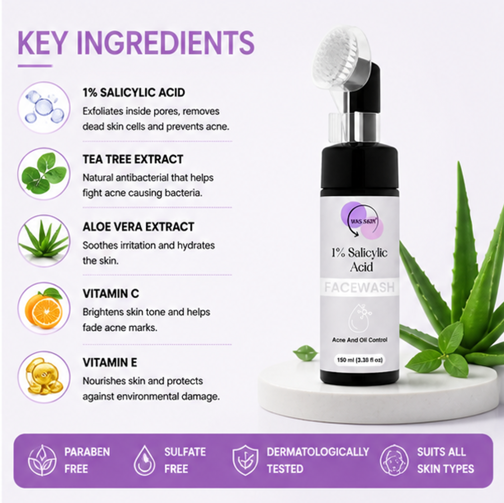 WAS SKIN Green Tea Facewash with Built-In Cleansing Brush, 150 ml (1% Silacylic Acid Facewash with Applicator)