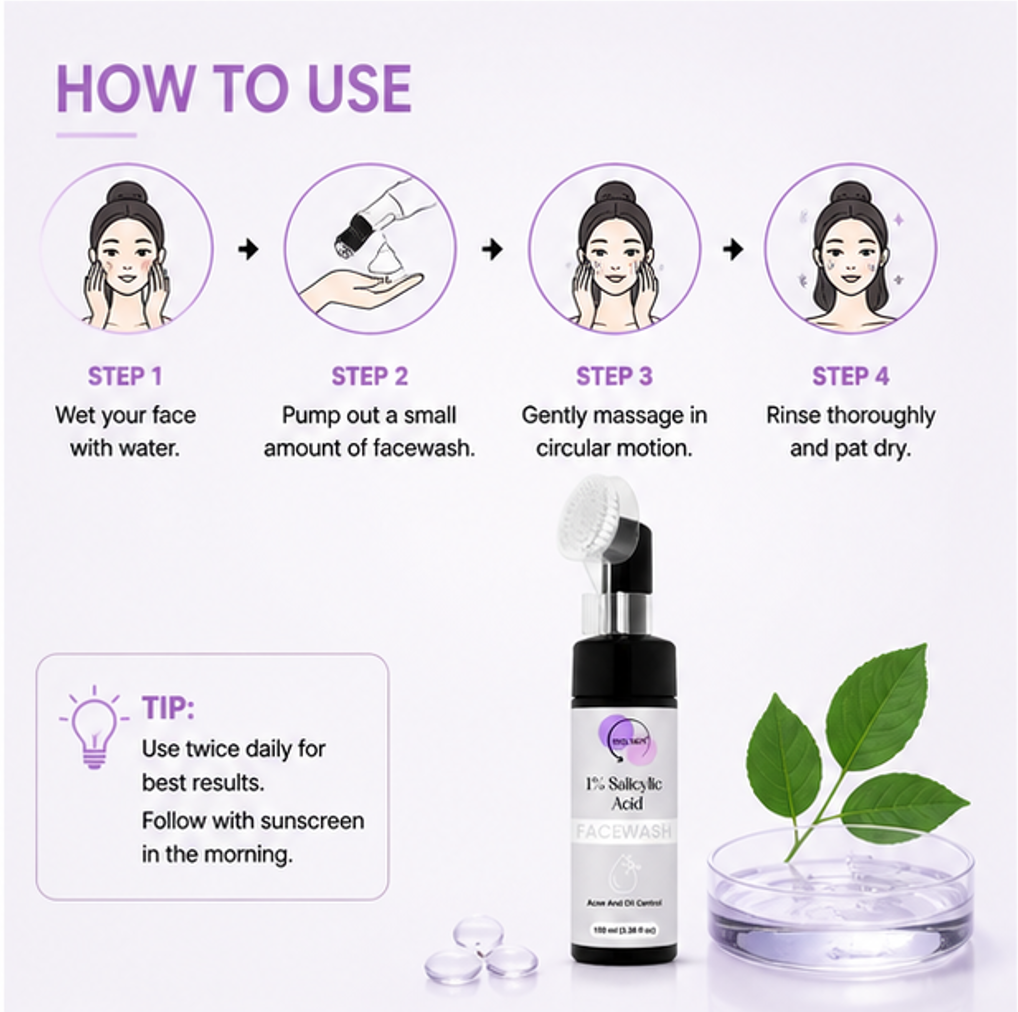 WAS SKIN Green Tea Facewash with Built-In Cleansing Brush, 150 ml (1% Silacylic Acid Facewash with Applicator)