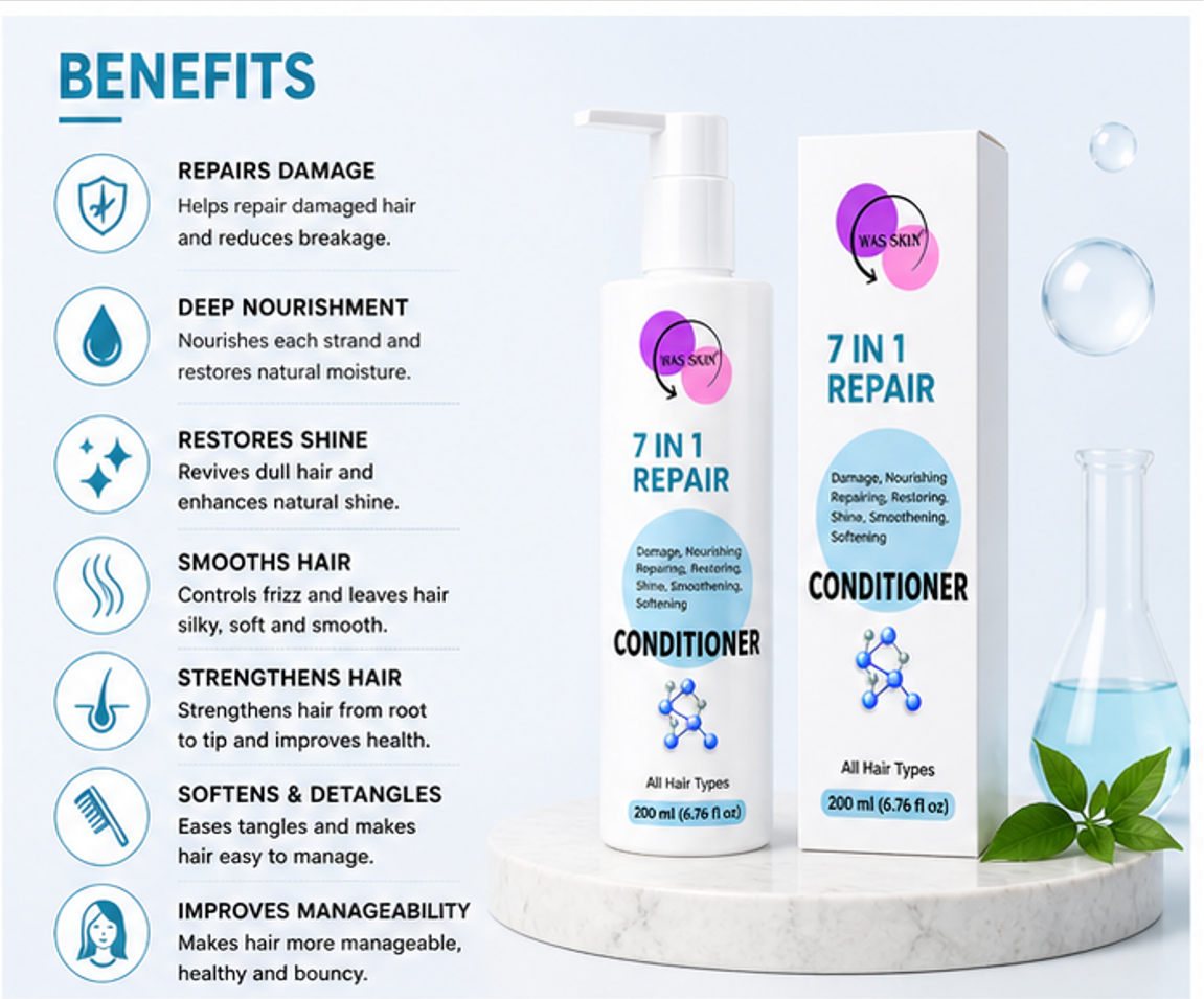 WAS SKIN 7 in 1 Repair Conditioner, Nourishing, Repairing, Smoothening, All Hair Types, 200ml (7 in 1 Repair Conditioner)