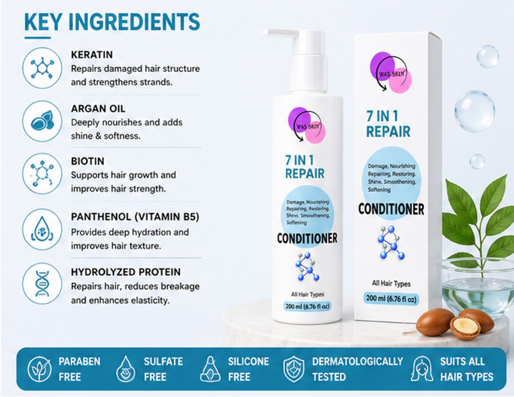 WAS SKIN 7 in 1 Repair Conditioner, Nourishing, Repairing, Smoothening, All Hair Types, 200ml (7 in 1 Repair Conditioner)