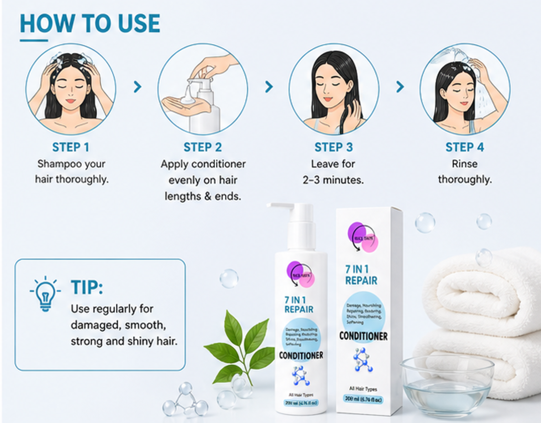 WAS SKIN 7 in 1 Repair Conditioner, Nourishing, Repairing, Smoothening, All Hair Types, 200ml (7 in 1 Repair Conditioner)