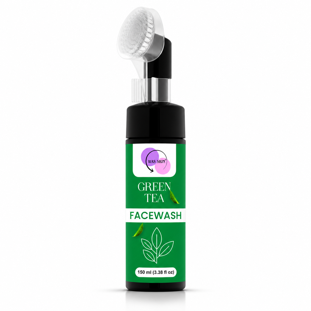 WAS SKIN Green Tea Facewash with Built-In Cleansing Brush, 150 ml (Green Tea Facewash with Applicator)